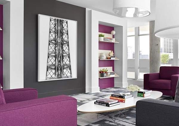 Purple and grey color for living room walls 